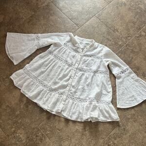 Z & L flared with lace work button down, bell sleeve top, Women's size L